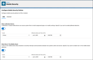 Configuring mobile security policies for the Salesforce Mobile App.