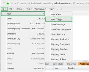Image of tabs to click for creating a trigger in salesforce