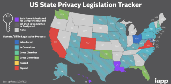 U.S. data privacy regulation by state.