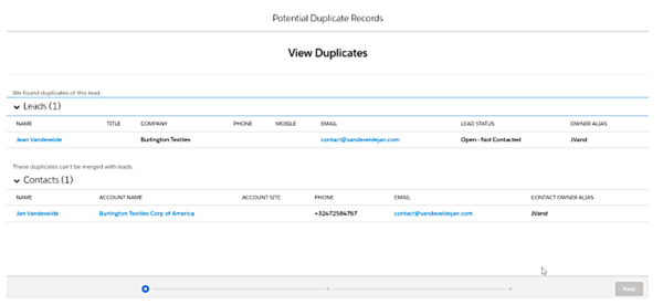 Screenshot of Potential Duplicates component in Salesforce Lightning Experience