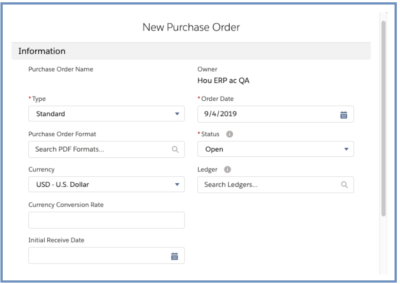 The Salesforce purchase order input screen allows users to automate some of the error-prone steps of the process.